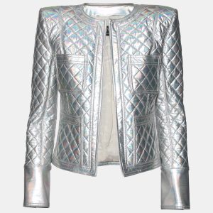 Balmain Silver Holographic Quilted Open Front Jacket M, Coats & Jackets - Luxury Closet catalog
