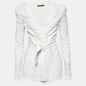 Balmain White Zebra Textured Knit Belted Wrap Cardigan M, Sweaters & Cardigans - Luxury Closet catalog