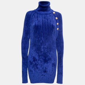Balmain Blue Knit Button Embellished Turtleneck Sweater Dress M, Dresses - Luxury Closet catalog