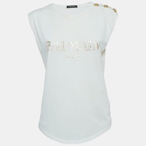 Balmain White Logo Print Distressed Cotton Button Detailed Tank Top M, Shirts & Tops - Luxury Closet catalog