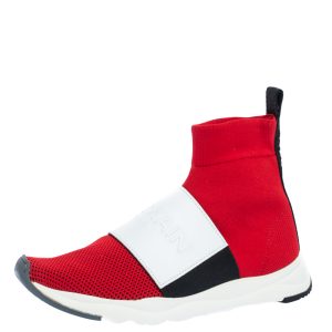 Balmain Red/White Stretch Knit and Leather Embossed Logo High Top Sneakers Size 36.5, Athletic Shoes & Sneakers - Luxury Closet catalog