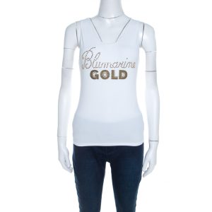 Blumarine White and Gold Embellished Stretch Cotton Sleeveless Top, Shirts & Tops - Luxury Closet catalog