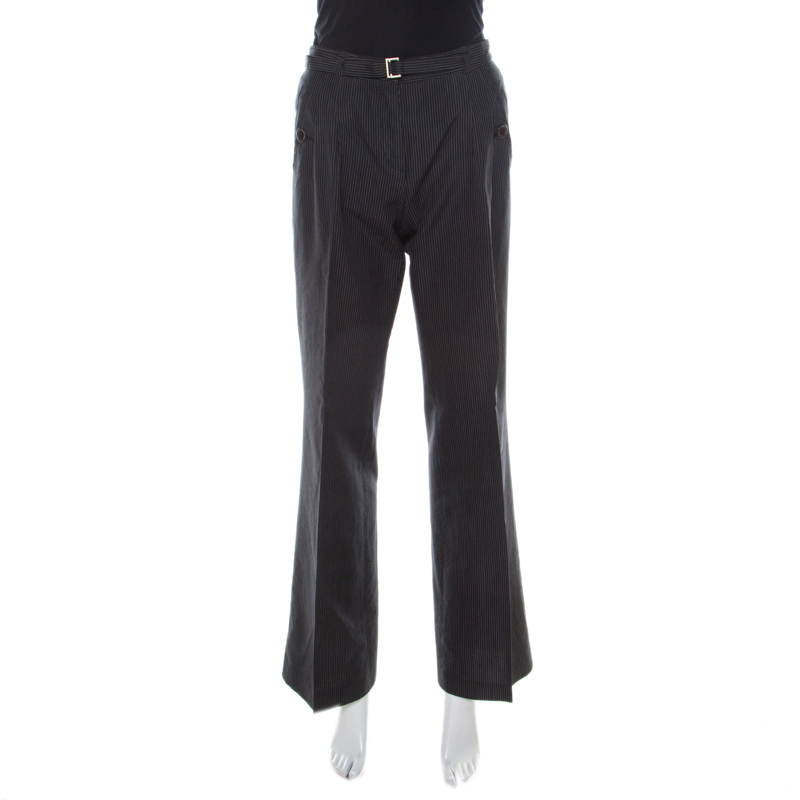 Boss Hugo Boss Black Pinstriped Cotton Wide Leg Belted Trousers S, Clothing - Luxury Closet catalog