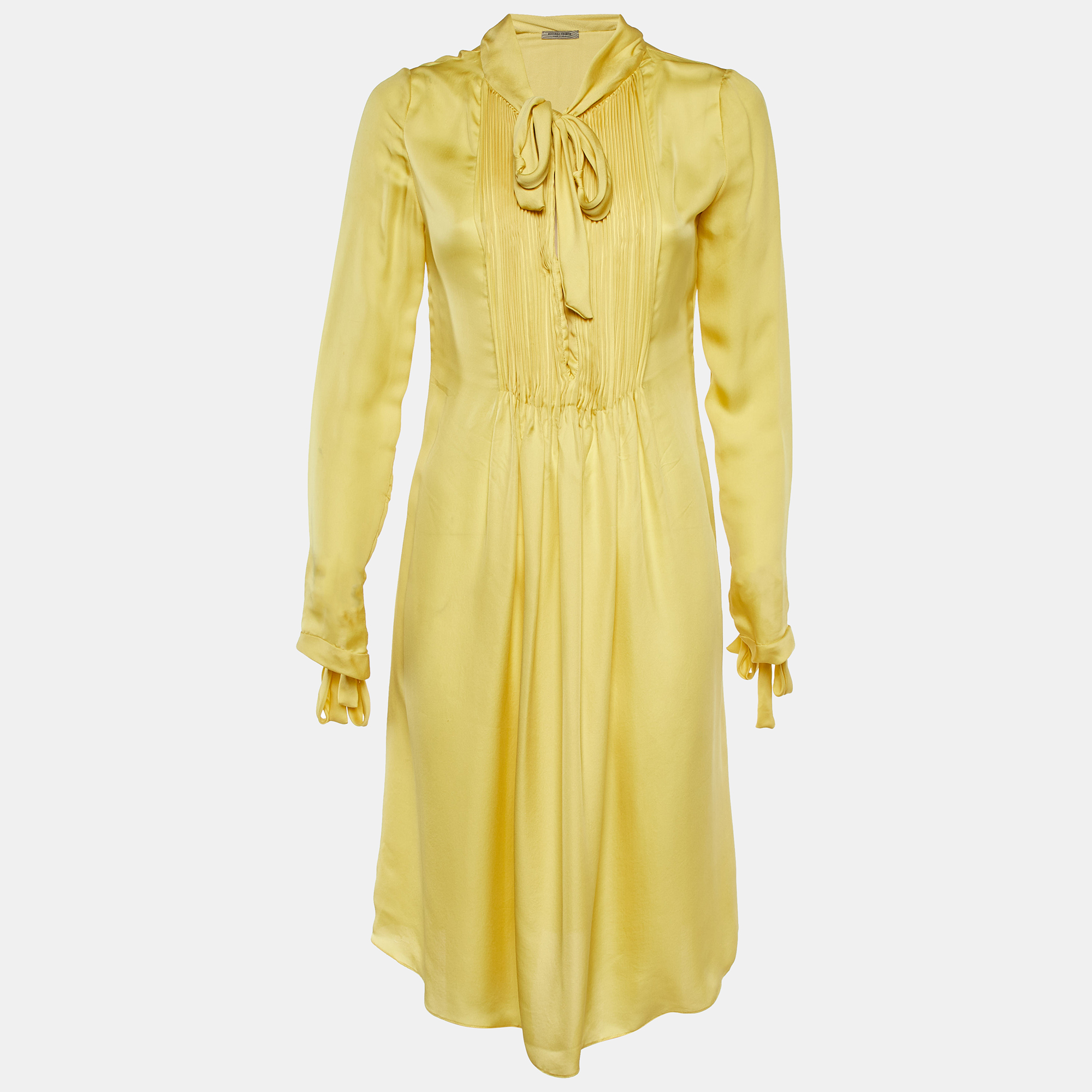 Bottega Veneta Yellow Silk Pleated Detail Tie Neck Dress M, Dresses - Luxury Closet catalog