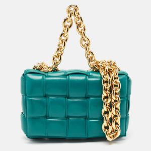 Bottega Veneta Teal Green Leather Padded Chain Cassette Top Handle Bag, Shoulder Bags - Luxury Closet catalog