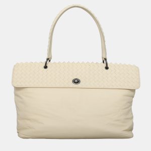 Bottega Veneta Off-White Leather Intrecciato-Trim Top Handle Bag, Handbags - Luxury Closet catalog