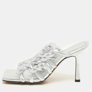 Bottega Veneta Silver Foil Leather Stretch Mules Size 37, Sandals - Luxury Closet catalog