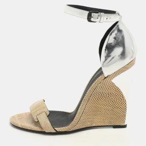 Bottega Veneta Silver Foil Leather and Karung Leather Ankle Strap Wedge Sandals Size 40, Sandals - Luxury Closet catalog