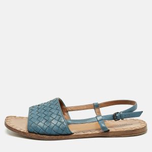 Bottega Veneta Blue Intrecciato Leather Slingback Open Toe Flat Sandals Size 39.5, Sandals - Luxury Closet catalog