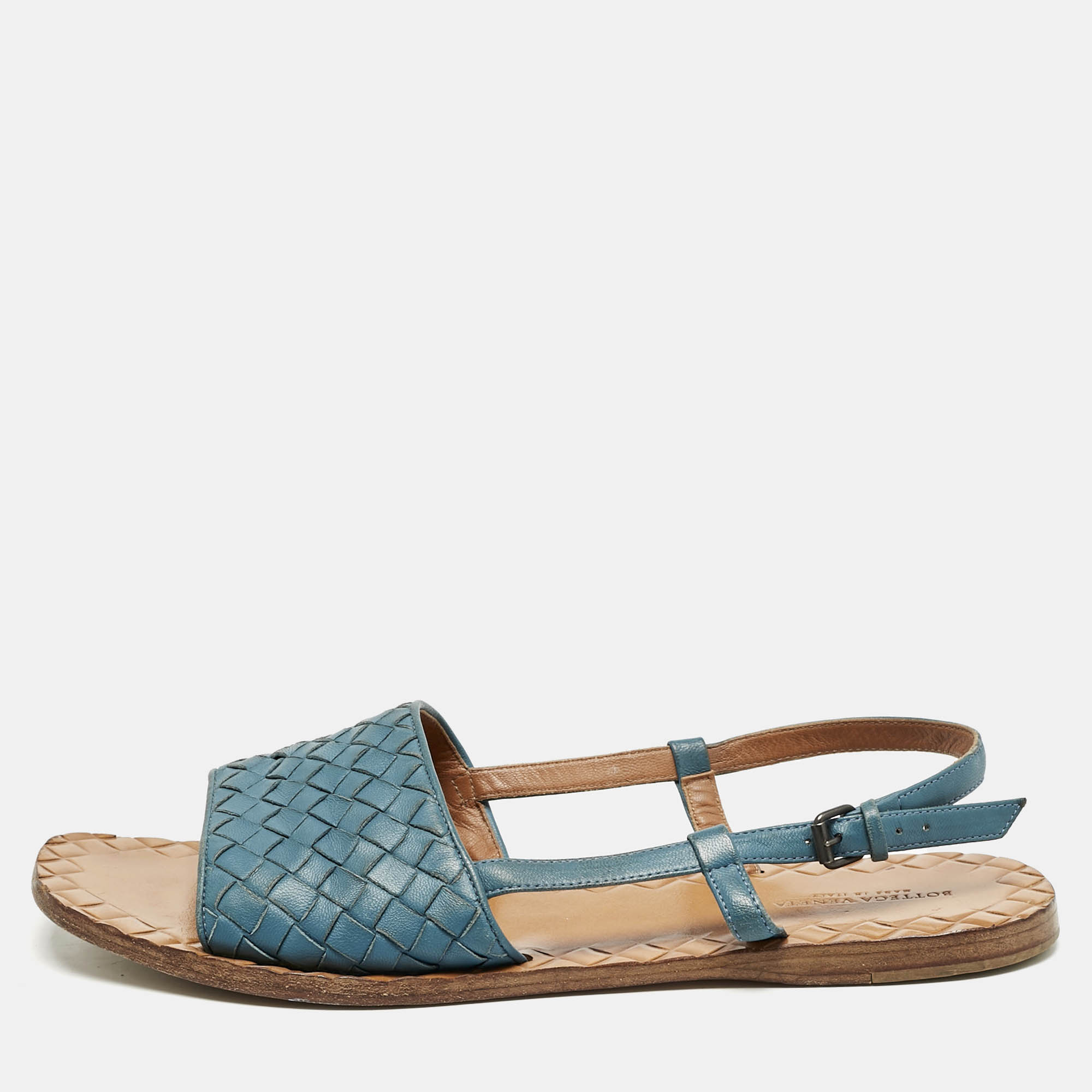Bottega Veneta Blue Intrecciato Leather Slingback Open Toe Flat Sandals Size 39.5, Sandals - Luxury Closet catalog
