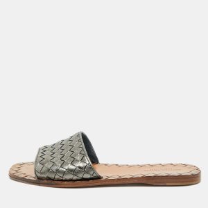 Bottega Veneta Metallic Grey Intrecciato Leather Flat Slide Sandals Size 36, Sandals - Luxury Closet catalog