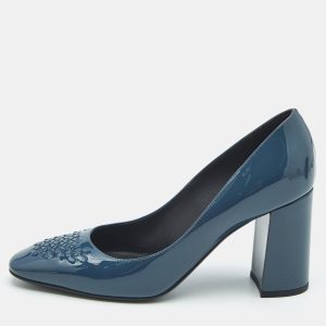 Bottega Veneta Blue Intrecciato Patent Leather Block Heel Pumps Size 36.5, Pumps - Luxury Closet catalog