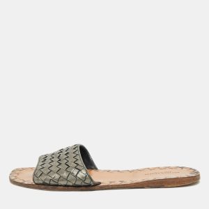 Bottega Veneta Metallic Grey Intrecciato Leather Flat Slides Size 39, Sandals - Luxury Closet catalog