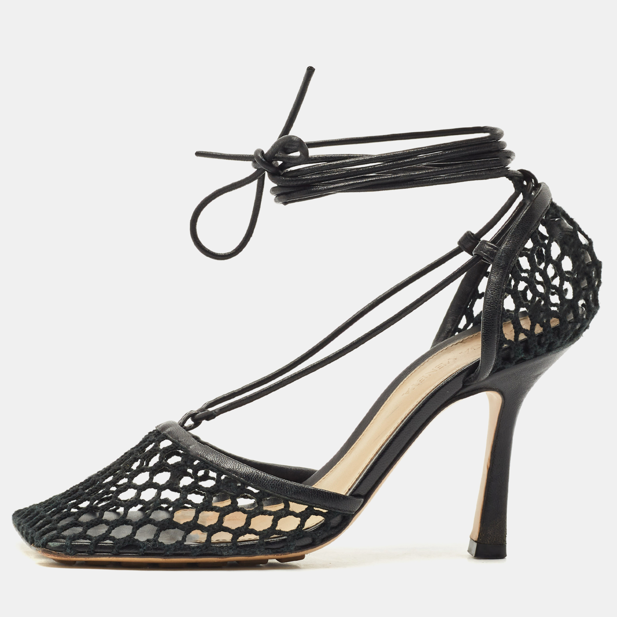 Bottega Veneta Black Crochet Mesh and Leather Stretch Ankle Wrap Pumps Size 36, Pumps - Luxury Closet catalog