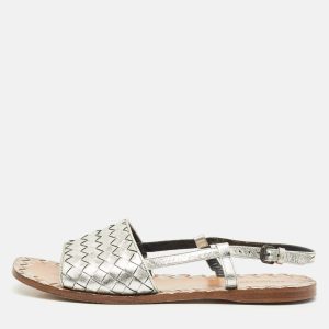 Bottega Veneta Silver Intrecciato Leather Calvados Slingback Sandals Size 38, Sandals - Luxury Closet catalog