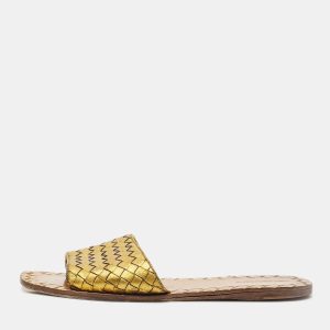 Bottega Veneta Gold Intrecciato Leather Flat Slides Size 41, Sandals - Luxury Closet catalog