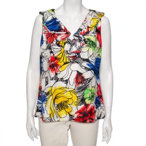 Boutique Moschino Multicolor Floral Printed Ruffled Front Sleeveless Top L, Shirts & Tops - Luxury Closet catalog