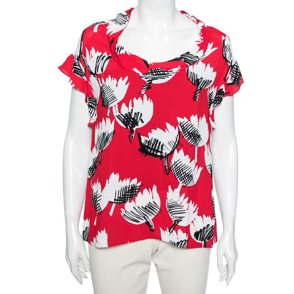 Boutique Moschino Red Printed Crepe Ruffle Cap Sleeves Top S, Shirts & Tops - Luxury Closet catalog