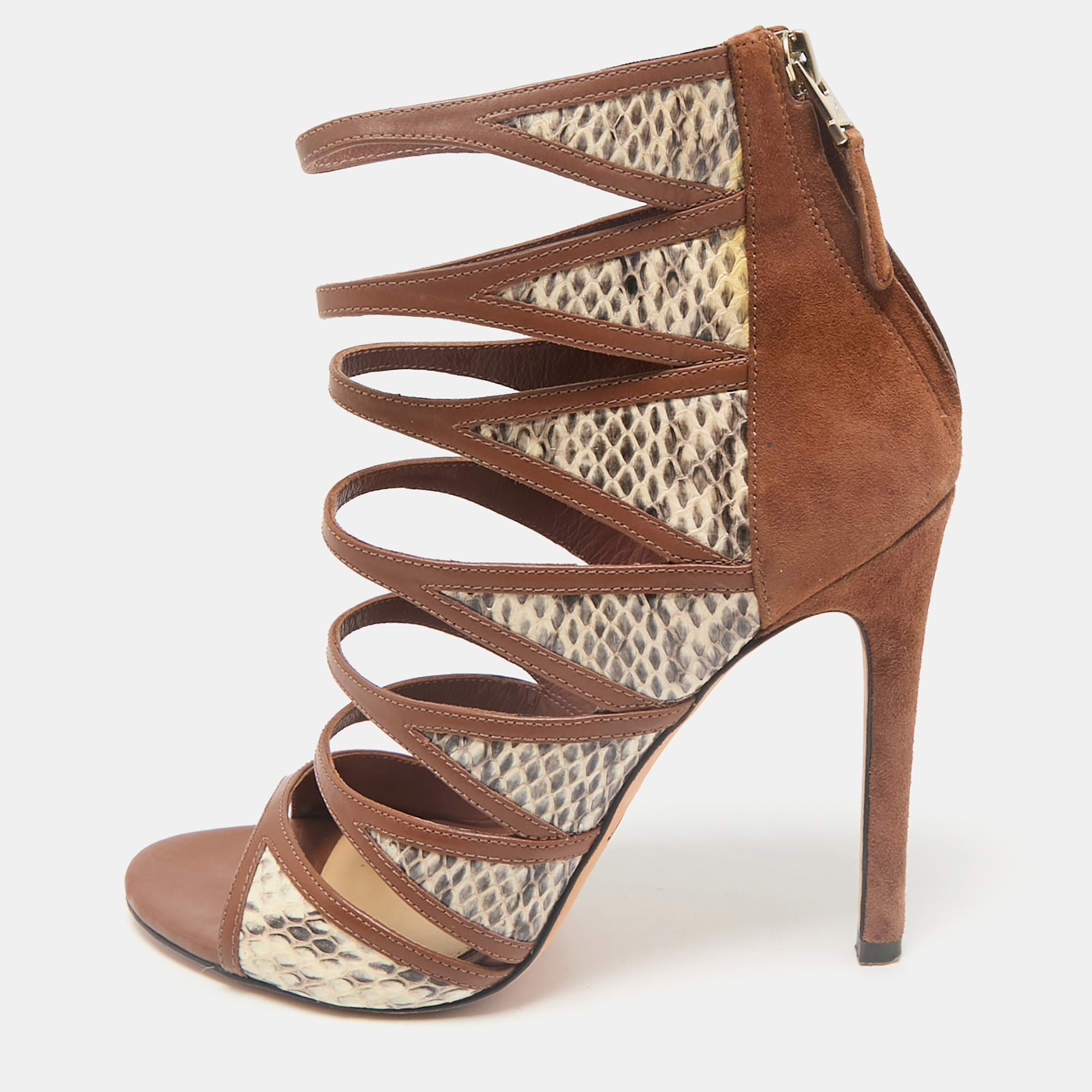 Brian Atwood Brown Leather and Snakeskin Lynnden Cage Sandals Size 38, Sandals - Luxury Closet catalog