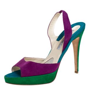 Brian Atwood Multicolor Suede Peep Toe Slingback Platform Sandals Size 39.5, Sandals - Luxury Closet catalog