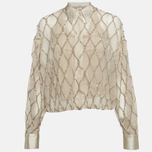 Brunello Cucinelli Beige Argyle Sequined Silk Shirt M, Shirts & Tops - Luxury Closet catalog