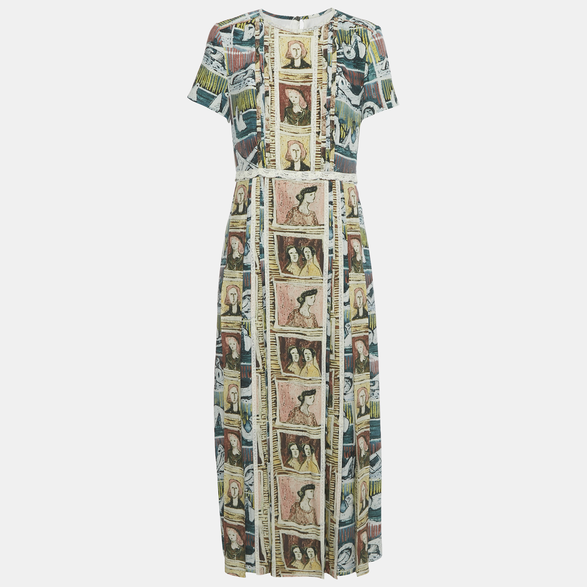 Burberry Multicolor Framed Heads Print Silk Lace Trim Maxi Dress M, Dresses - Luxury Closet catalog