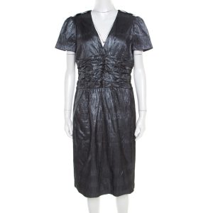 Burberry London Metallic Silver Jacquard Plunge Neck Short Sleeve Dress M, Dresses - Luxury Closet catalog