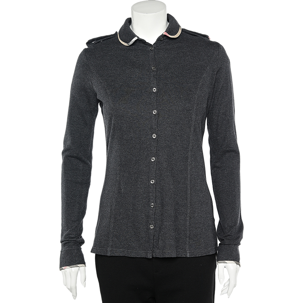 Burberry Grey Cotton Knit Long Sleeve Button Front Top M, Shirts & Tops - Luxury Closet catalog