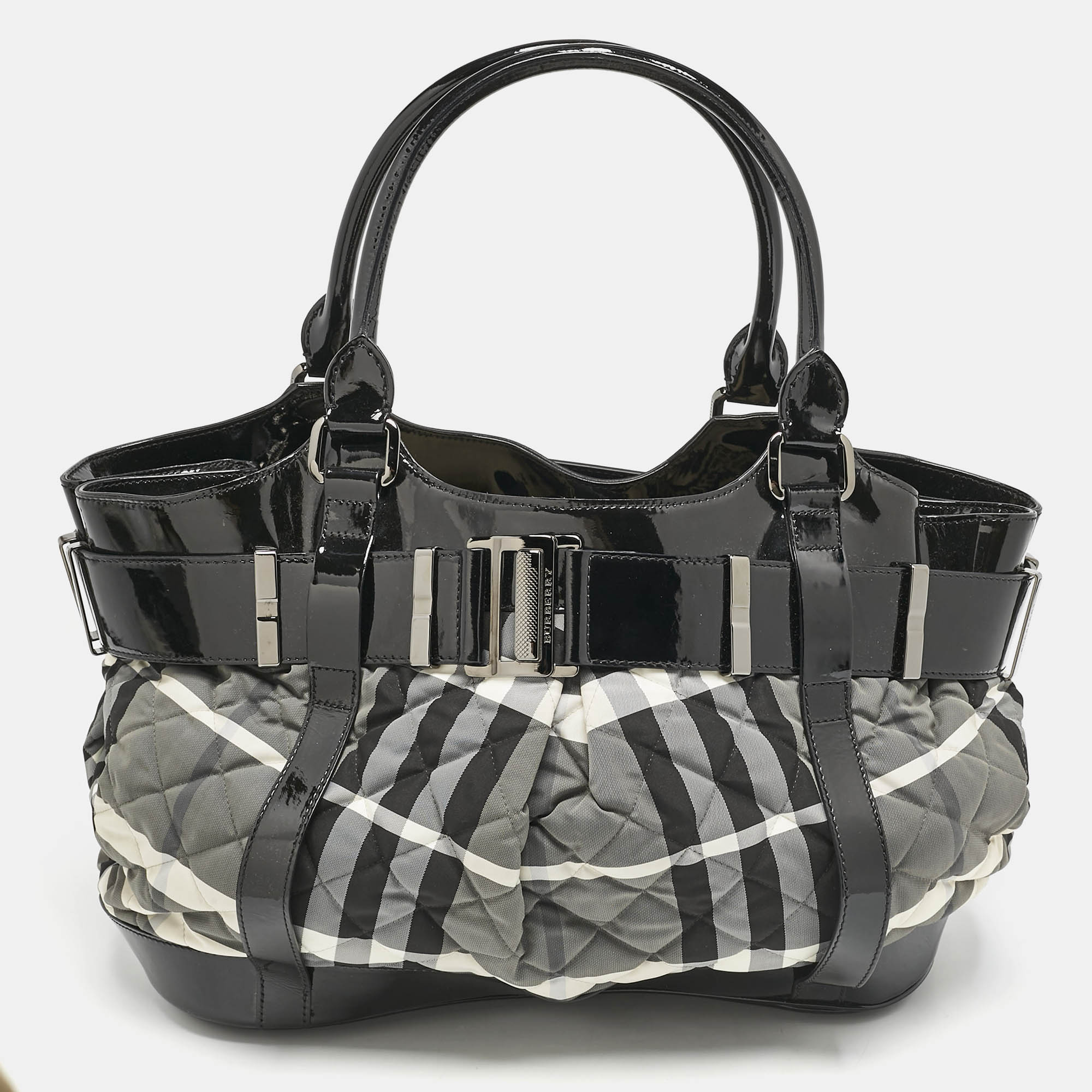 Burberry Black/Grey Check Quilted Nylon and Patent Leather Healy Tote, Tote Handbags - Luxury Closet catalog