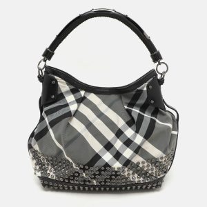 Burberry Grey/Black  Beat Check Nylon and Patent Leather Studded Hobo, Shoulder Bags - Luxury Closet catalog