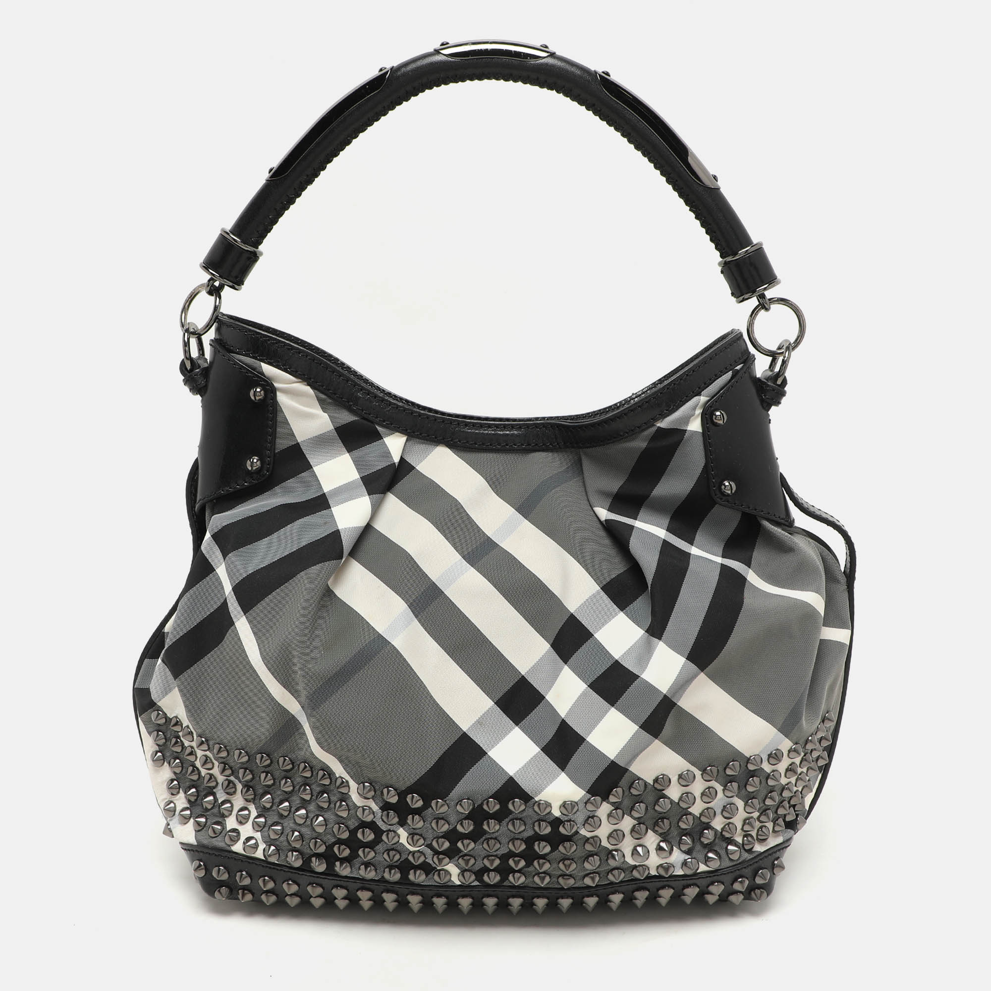 Burberry Grey/Black Beat Check Nylon and Patent Leather Studded Hobo, Shoulder Bags - Luxury Closet catalog