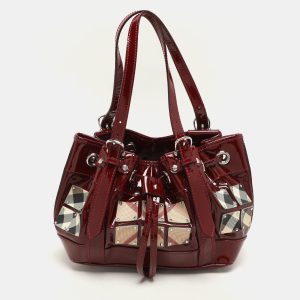 Burberry Red Nova Check Canvas and Patent Leather Small Warrior Armor Hobo, Shoulder Bags - Luxury Closet catalog