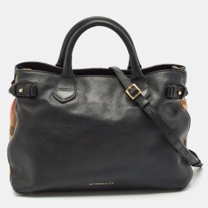 Burberry Black Leather and House Check Fabric Medium Banner Tote, Tote Handbags - Luxury Closet catalog