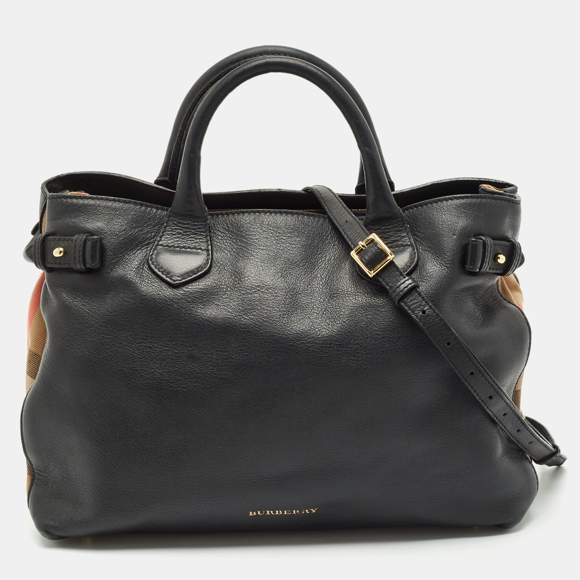 Burberry Black Leather and House Check Fabric Medium Banner Tote, Tote Handbags - Luxury Closet catalog