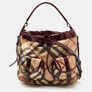Burberry Beige/Burgundy Nova Check PVC and Patent Leather Drawstring Hobo, Shoulder Bags - Luxury Closet catalog