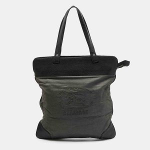 Burberry Black/Grey Logo Embroidered Fabric and Leather Flat Tote, Tote Handbags - Luxury Closet catalog