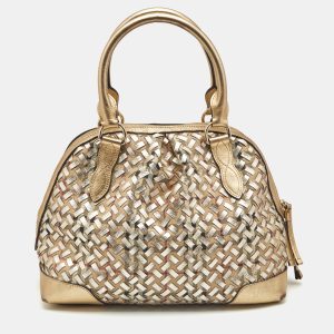 Burberry Gold/Beige Haymarket Check PVC and Woven Leather Thornley Satchel, Satchels - Luxury Closet catalog
