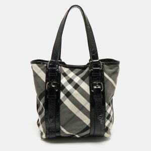 Burberry Black Beat Check Nylon And Patent Leather Small Lowry Tote, Tote Handbags - Luxury Closet catalog
