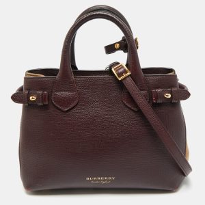 Burberry Burgundy/Beige Leather and House Check Canvas Small Banner Tote, Tote Handbags - Luxury Closet catalog