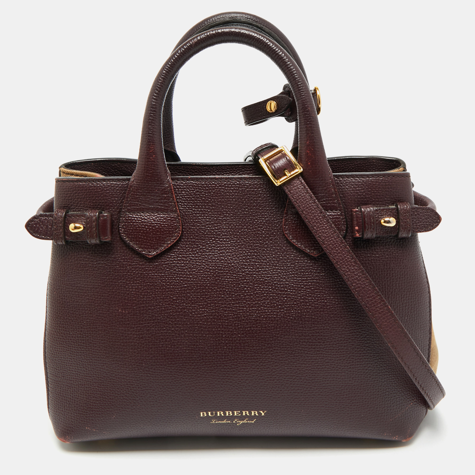 Burberry Burgundy/Beige Leather and House Check Canvas Small Banner Tote, Tote Handbags - Luxury Closet catalog