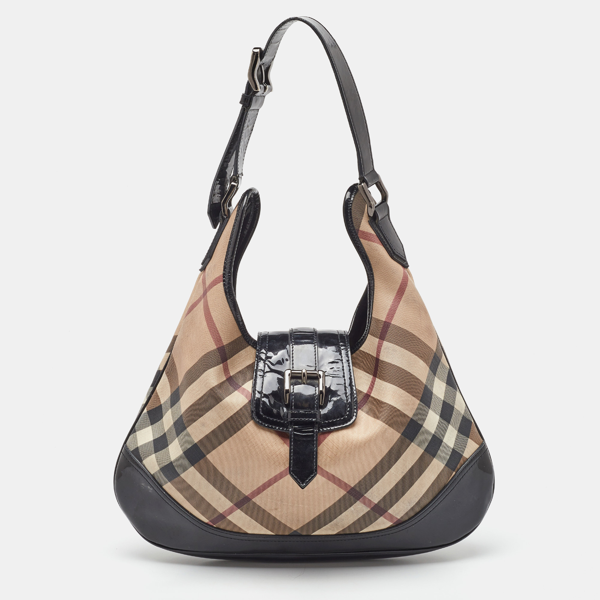 Burberry Beige/Black Nova Check Coated Canvas and Patent Leather Brooke Hobo, Shoulder Bags - Luxury Closet catalog
