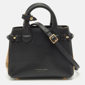Burberry Black/Beige Leather and House Check Fabric Mini Banner Tote, Tote Handbags - Luxury Closet catalog