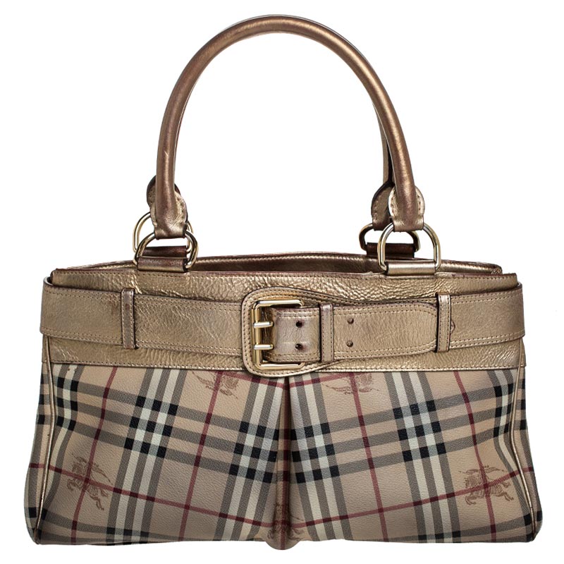 Burberry Beige/Gold Haymarket Check Coated Canvas and Leather Bridle Tote, Tote Handbags - Luxury Closet catalog