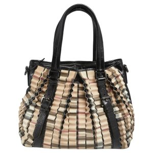 Burberry Black/Beige House Check PVC and Patent Leather Lowry Ruffled Tote, Tote Handbags - Luxury Closet catalog