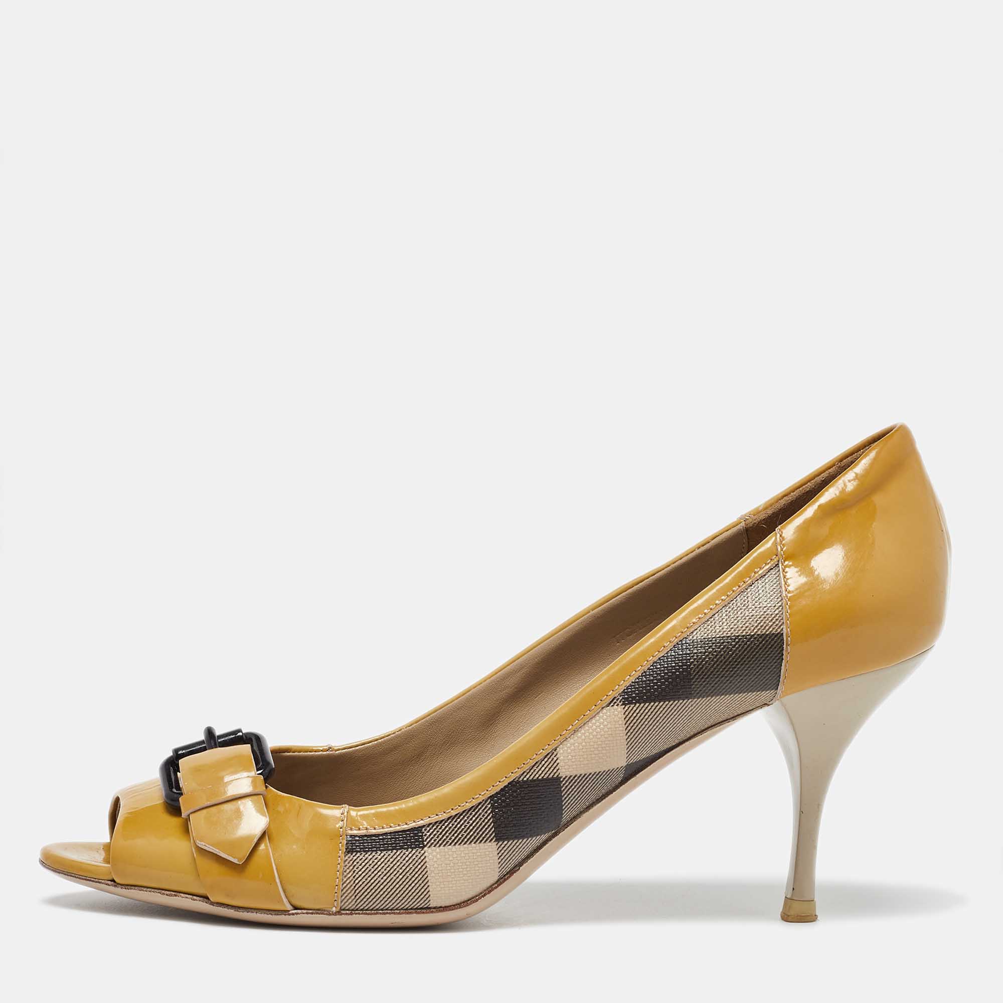 Burberry Tricolor Patent and Nova Check Canvas Peep Toe Pumps Size 40, Pumps - Luxury Closet catalog