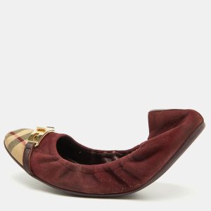 Burberry Burgundy Suede and Nova Check Canvas Drayton Twistlock Scrunch Ballet Flats Size 39.5, Flats - Luxury Closet catalog