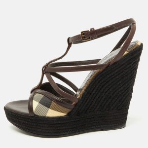 Burberry Brown/Beige Leather and Check PVC Platform Wedge Espadrille Sandals Size 38, Sandals - Luxury Closet catalog