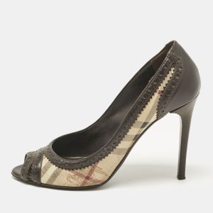 Burberry Beige/Brown Check Canvas and Brogue Leather Peep Toe Pumps Size 38, Pumps - Luxury Closet catalog