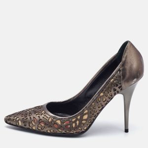 Burberry Metallic Grey Laser Cut Leather And Nova Check Pointed Toe Pumps Size 38, Pumps - Luxury Closet catalog