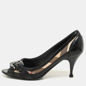 Burberry Black/Beige Patent Leather and Nova Check Coated Canvas Buckle Peep Toe Pumps Size 37, Pumps - Luxury Closet catalog